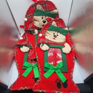 Set of 3 Vintage Santa's Best Cat Christmas Stockings Fish Shaped Multicolor